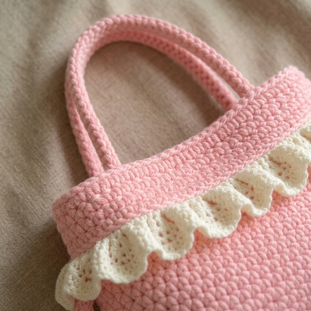Bolsita de crochet rosa pastel con olanes blancos, tejida a mano